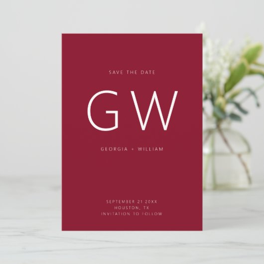 Cherry Red Minimal Typografy Monogram Save The Date (Stehend Vorderseite)