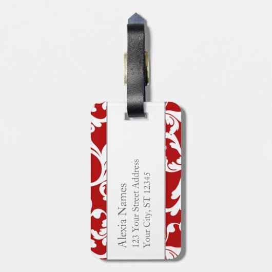 Cherry Red Mit Monogramm Damask Print Gepäckanhänger (Rückseite vertikal)