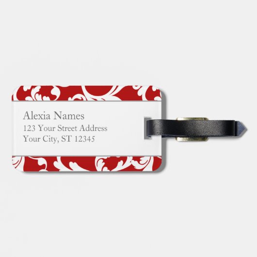 Cherry Red Mit Monogramm Damask Print Gepäckanhänger (Rückseite horizontal)