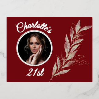 Cherry Red Silver & Gold Watercolor Leaf Geburtsta Folie Einladungspostkarte