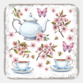 Cherry rosa Blume Blume Feld mit Tee Quadratischer Aufkleber (Vorderseite)