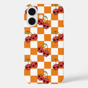 Cherry Skull Checkerboard - Niedliche Goth Vibes iPhone 16 Hülle