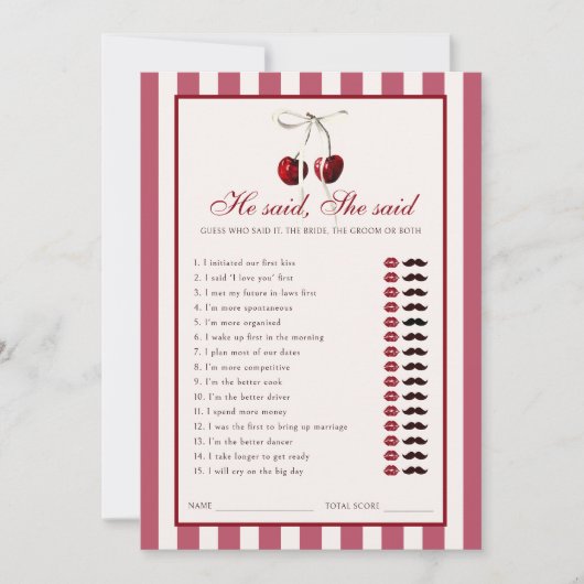 Cherry Strip Brautparty sagte er sagte, sie sagte Einladung (Vorderseite)