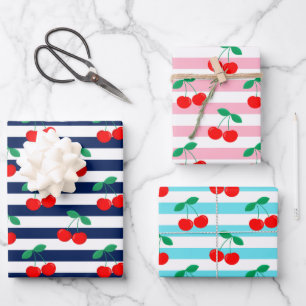 Cherry Stripe Muster - Retro Fruit Gift & Decke Geschenkpapier Set