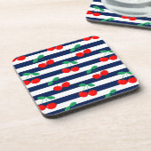 Cherry Stripe Muster - Retro Fruit Gift & Decke Getränkeuntersetzer (Linke Seite)