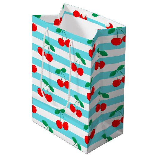 Cherry Stripe Muster - Retro Fruit Gift & Decke Mittlere Geschenktüte (Vorderseite Schrägansicht)