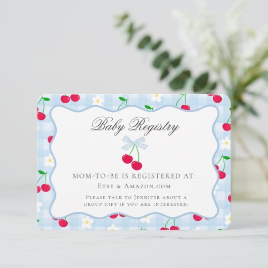 Cherry Sweet Blue Coquette Bow Baby Registry Card Begleitkarte (Stehend Vorderseite)