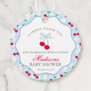 Cherry Sweet Blue Coquette Bow Baby Shower Circle Geschenkanhänger