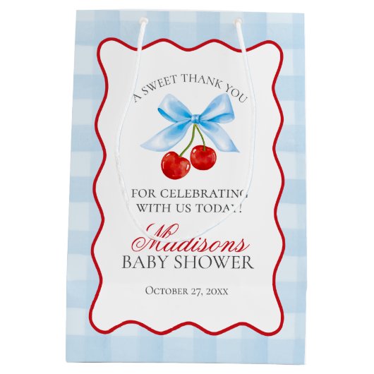 Cherry Sweet Blue Coquette Bow Baby Shower Favorit Mittlere Geschenktüte (Rückseite)