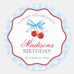 Cherry Sweet Blue Coquette Bow Birthday Siegel Runder Aufkleber