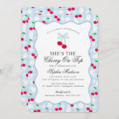Cherry Sweet Blue Coquette Bow Gingham Baby Shower Einladung (Vorne/Hinten)