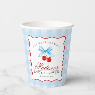Cherry Sweet Blue Coquette Bow Gingham Baby Shower Pappbecher