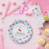 Cherry Sweet Blue Coquette Bow Gingham Baby Shower Pappteller (Party)