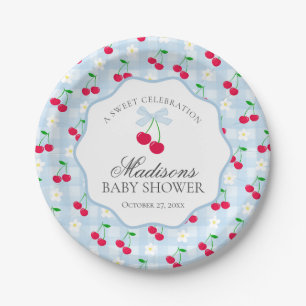 Cherry Sweet Blue Coquette Bow Gingham Baby Shower Pappteller