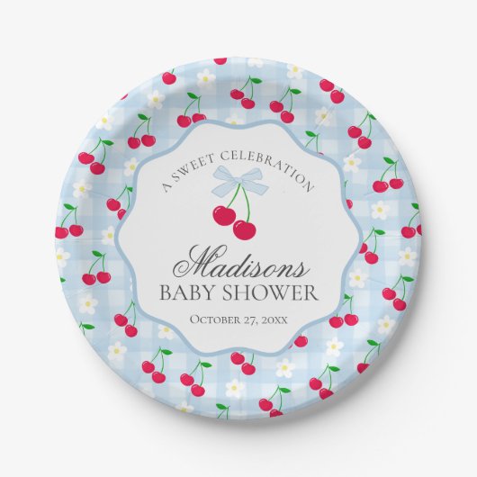 Cherry Sweet Blue Coquette Bow Gingham Baby Shower Pappteller (Vorderseite)