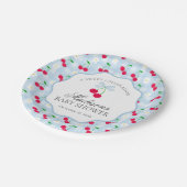 Cherry Sweet Blue Coquette Bow Gingham Baby Shower Pappteller (Schrägansicht)