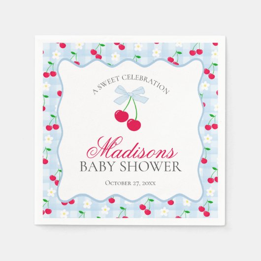 Cherry Sweet Blue Coquette Bow Gingham Baby Shower Serviette (Vorderseite)