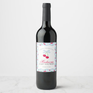 Cherry Sweet Blue Coquette Bow Gingham Baby Shower Weinetikett