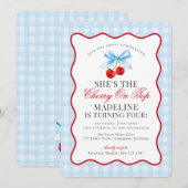 Cherry Sweet Blue Coquette Bow Gingham Birthday Einladung (Vorne/Hinten)