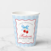 Cherry Sweet Blue Coquette Bow Gingham Birthday Pappbecher (Rückseite)