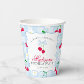 Cherry Sweet Blue Coquette Bow Gingham Birthday Pappbecher (Rückseite)