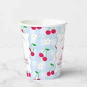 Cherry Sweet Blue Coquette Bow Gingham Birthday Pappbecher (Links)