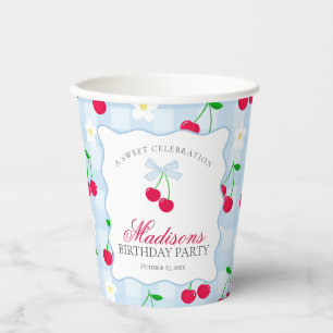 Cherry Sweet Blue Coquette Bow Gingham Birthday Pappbecher