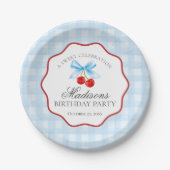 Cherry Sweet Blue Coquette Bow Gingham Birthday Pappteller (Vorderseite)