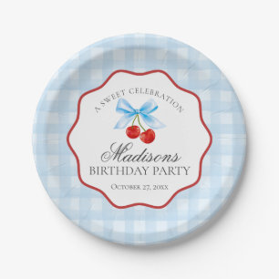 Cherry Sweet Blue Coquette Bow Gingham Birthday Pappteller