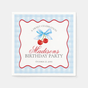 Cherry Sweet Blue Coquette Bow Gingham Birthday Serviette