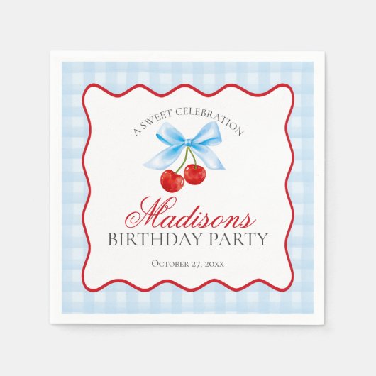 Cherry Sweet Blue Coquette Bow Gingham Birthday Serviette (Vorderseite)