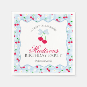 Cherry Sweet Blue Coquette Bow Gingham Birthday Serviette