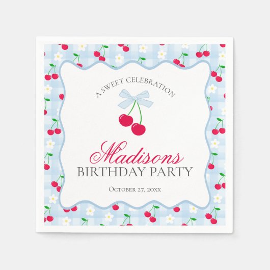 Cherry Sweet Blue Coquette Bow Gingham Birthday Serviette (Vorderseite)