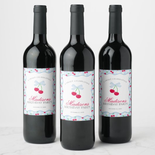 Cherry Sweet Blue Coquette Bow Gingham Birthday Weinetikett (Flaschen)