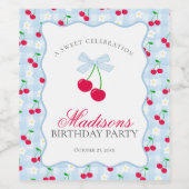 Cherry Sweet Blue Coquette Bow Gingham Birthday Weinetikett (Einzelnes Label)