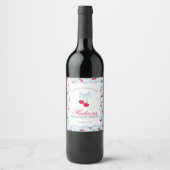 Cherry Sweet Blue Coquette Bow Gingham Birthday Weinetikett (Vorderseite)