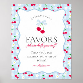 Cherry Sweet Blue Coquette Bow Gingham Favors Sign Poster