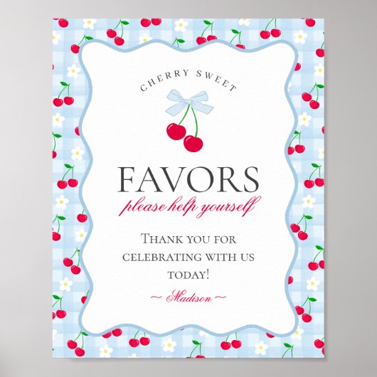 Cherry Sweet Blue Coquette Bow Gingham Favors Sign Poster (Vorne)