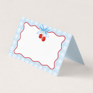 Cherry Sweet Blue Coquette Bow Gingham Platzkarte
