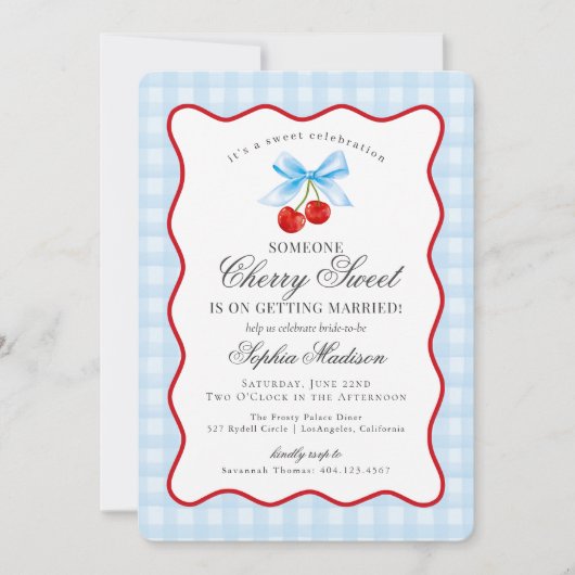 Cherry Sweet Blue Coquette Gingham Brautparty Einladung (Vorderseite)
