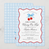Cherry Sweet Blue Coquette Gingham Brautparty Einladung (Vorne/Hinten)