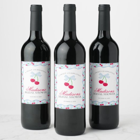 Cherry Sweet Blue Coquette Gingham Brautparty Weinetikett (Flaschen)
