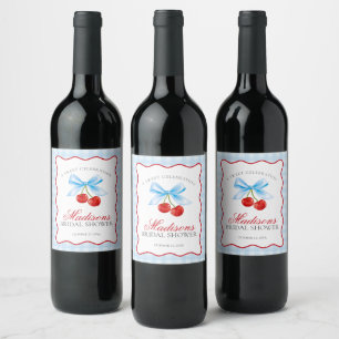 Cherry Sweet Blue Coquette Gingham Brautparty Weinetikett