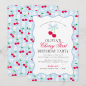 Cherry Sweet Blue Coquette Gingham First Birthday Einladung (Vorne/Hinten)