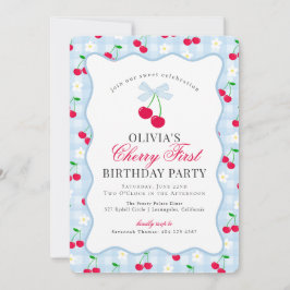 Cherry Sweet Blue Coquette Gingham First Birthday Einladung