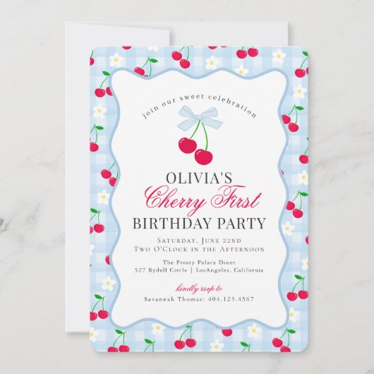Cherry Sweet Blue Coquette Gingham First Birthday Einladung (Vorderseite)