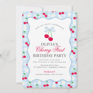 Cherry Sweet Blue Coquette Gingham First Birthday Einladung