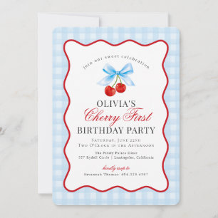 Cherry Sweet Blue Coquette Gingham First Birthday Einladung