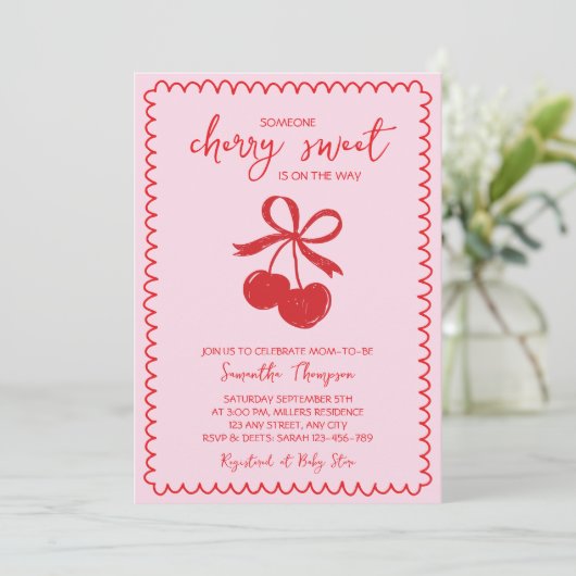 Cherry Sweet Elegante Hand Drawn Baby Girl Dusche Einladung (Stehend Vorderseite)