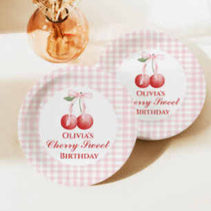 Cherry Sweet Geburtstag Pink Bow Gingham Pappteller